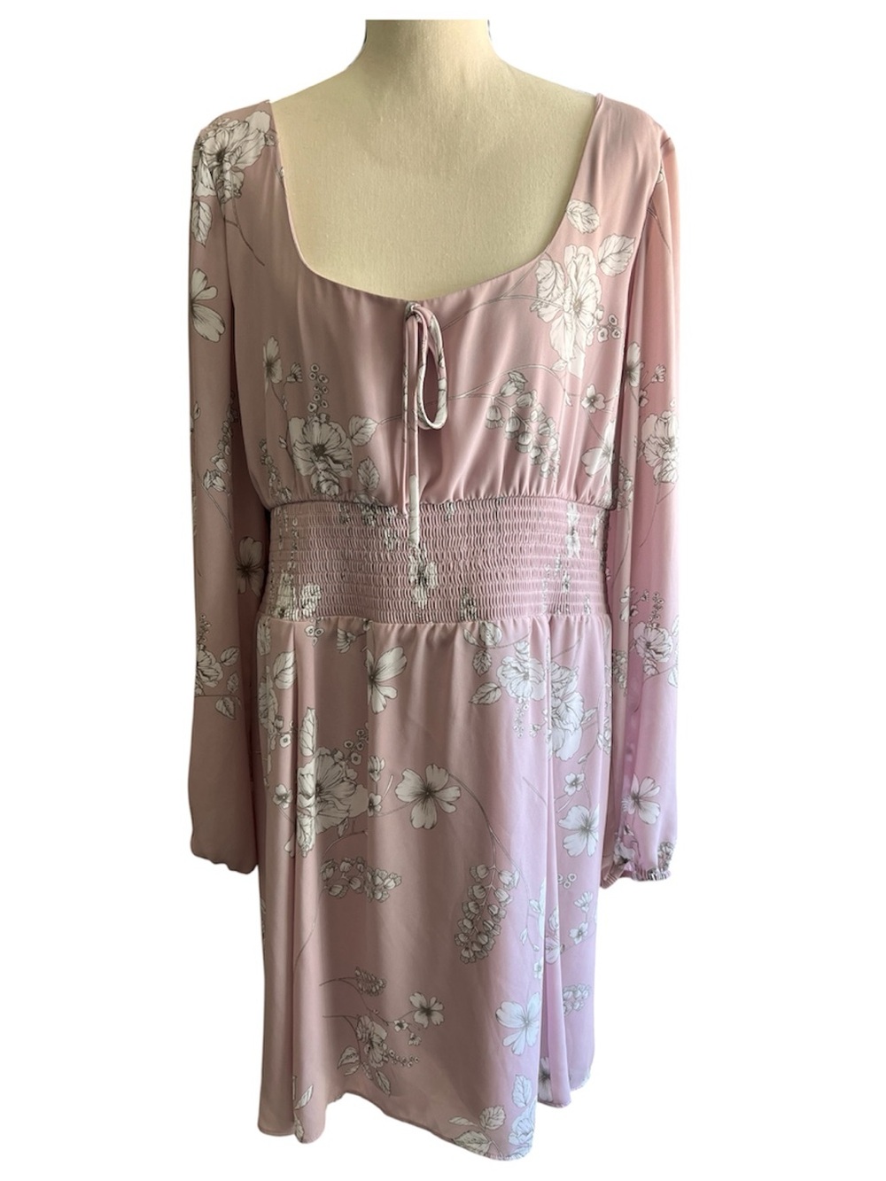 Women’s Pink Floral Long Sleeve Smocked Waist Dress Size XL Wedding Formal